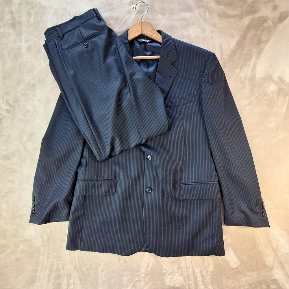 Jos A Bank Suit Mens 42R Blue Wool Stripe Single Vent 2 Button Signature 34x29